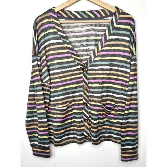 Joyspun Womens Cardigan Sweater Hacci Knit V Neck Stretch Rainbow Stripe Sz M - Picture 1 of 10